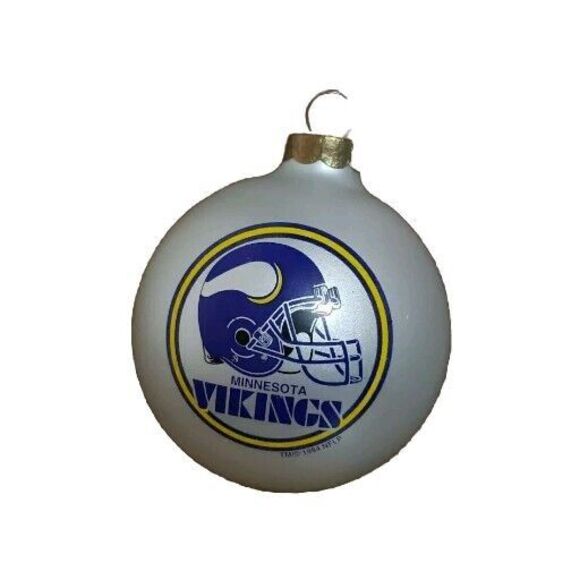 Vintage 1994 Minnesota Vikings Glass Christmas Ornament Ball White Purple Yellow - Picture 1 of 5